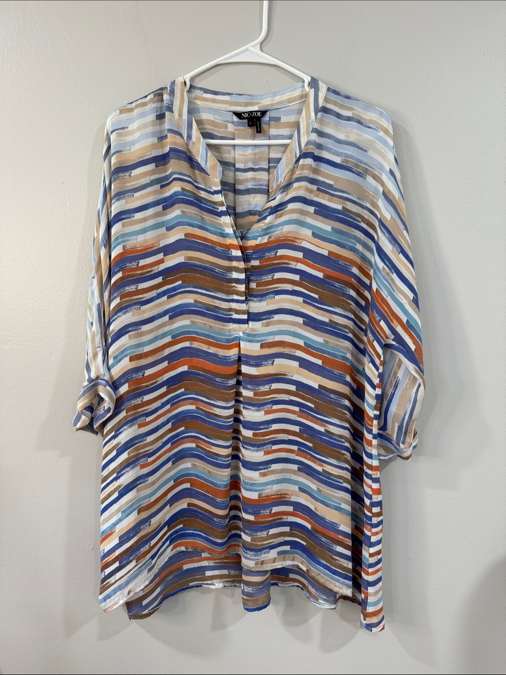 Nic + Zoe Blue, Brown Orange Striped V-Neck longline Tunic blouse boho chic